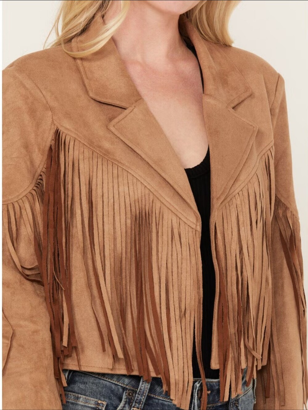 Women's Chic Cropped Western Fringe Faux Suede Moto Jacket Chartou brown XL euc